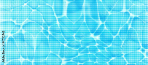 Blue halftone water surface with ripple waves and sunlight reflection. Ocean, sea or pool water top view with dot retro photocopy and comic bitmap texture. Halftone summer backdrop. Collage vector bg