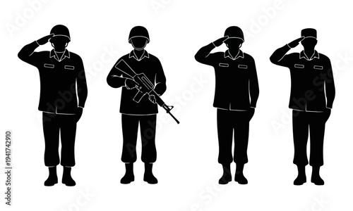 Silhouettes of military soldiers saluting and holding a rifle