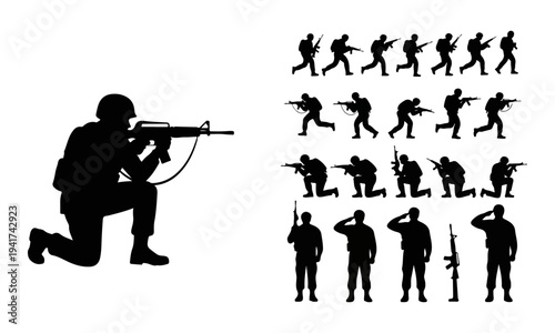 Military Soldier Silhouettes in Combat and Saluting Poses