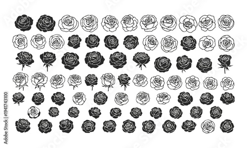 Set of black and white rose flower icons and silhouettes