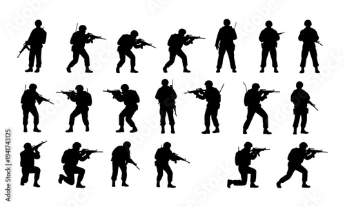 Set of military soldier silhouettes in various tactical poses