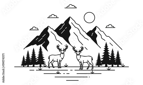 Minimalist Mountain Landscape with Deer and Pine Trees Illustration