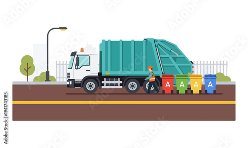 Garbage Truck and Sanitation Worker Collecting Recyclable Waste