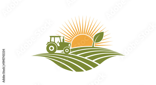 Tractor on a farm field with sun and leaf.