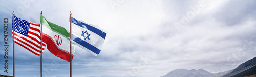 National flags of USA, Iran, and Israel waving side-by-side against an overcast sky and mountain background. Dramatic composition with wide copy space for political or global themes