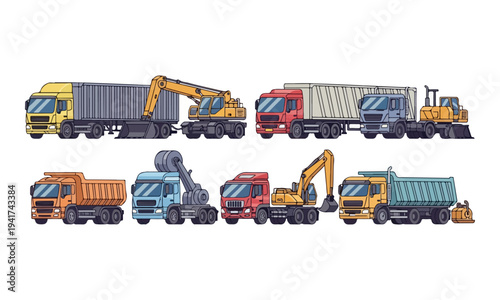 Set of Various Heavy Construction Vehicles and Industrial Trucks