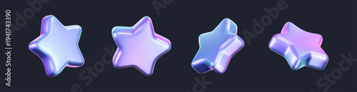 3D holographic star icons isolated on a dark background. Iridescent chrome neon stars for five star rating, review, reward badge, premium quality symbol. Y2K style vector illustration