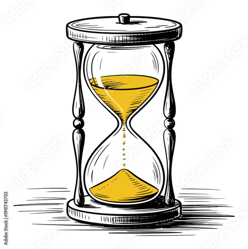 Hand-drawn hourglass with yellow sand flowing, symbolizing time passing