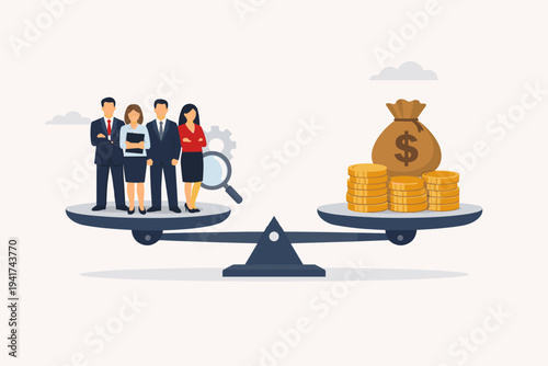 Vector illustration of professional businesspeople and a large money bag with gold coins balanced on a scale, representing human resources value, recruitment, corporate investment, and team worth.
