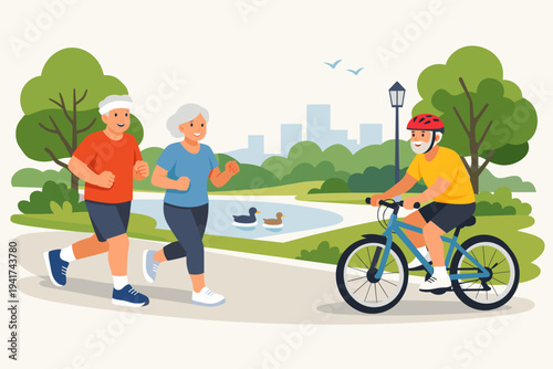 Active elderly people exercising in a city park with a man and woman jogging and a senior man riding a bicycle on a path near a pond with ducks, healthy lifestyle for seniors flat vector illustration