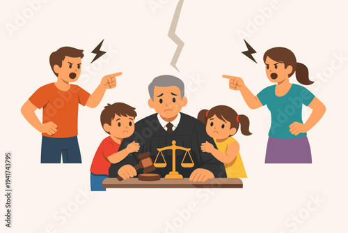 Vector illustration of a judge caught in the middle of a heated child custody battle between divorcing parents, with sad children clinging to him while the mother and father argue and point.