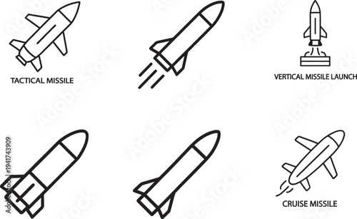 Missile vector set for defense, military and aerospace projects with clean stroke paths