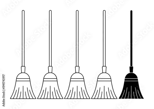 Five Brooms, One Black, Four Outline, Isolated on White Background