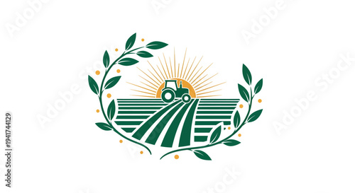 Tractor plowing field with sun and leaves, agriculture logo.