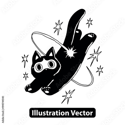 Black cat floating in space surrounded by stars and sparkles illustration
