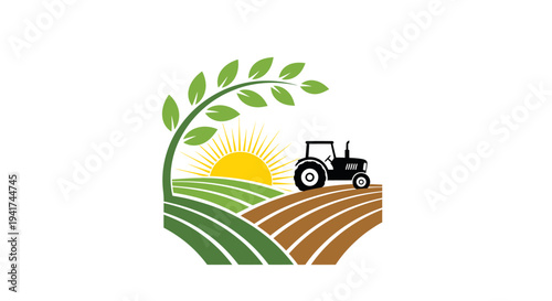 Tractor working on a farm field during sunrise.