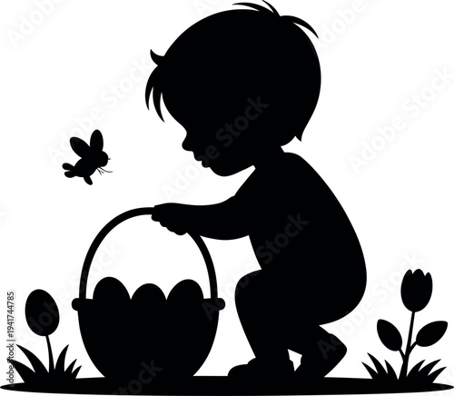 Silhouette of a child collecting Easter eggs with a butterfly