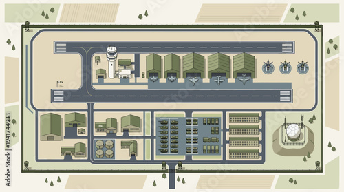 Top-down aerial view of a sprawling airport complex with multiple terminals, hangars, and a control tower amidst a rural landscape