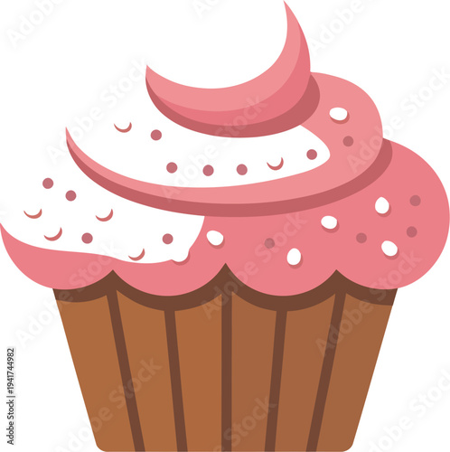A cupcake with pink frosting and decorations on a white background in a simple illustration style