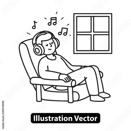 A person relaxing in an armchair listening to music beside a window in a calm indoor environment from a side viewpoint