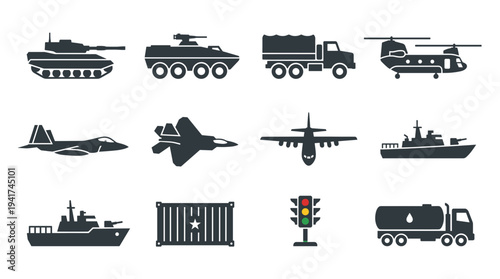 Set of military and transport vehicle silhouette icons, featuring aircraft, ships, trucks, and armored vehicles, for defense and logistics design concepts
