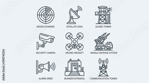 Contemporary line art vector icons for security, defense, and surveillance applications. Features include communication, monitoring, and protective technology systems
