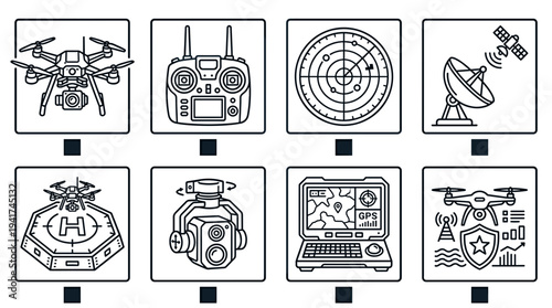Line art icons illustrating drone technology, including UAVs, remote controllers, radar, satellite communication, landing pads, gimbals, and data systems