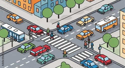 City Intersection Scene with Cars, Buses, and Pedestrians.