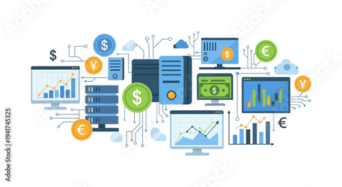 Digital Financial Technology and Global Currency Trading Concept. Vector Illustration of Server Network, Data Analysis, and Foreign Exchange Market.