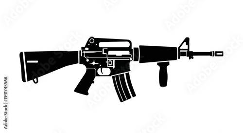 Black silhouette of an assault rifle on a white background, military weapon vector illustration