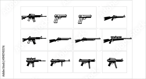 Collection of Various Firearms Icons Vector Illustration
