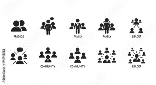 Diverse Teamwork and Leadership Icons Representing Collaboration and Hierarchy.
