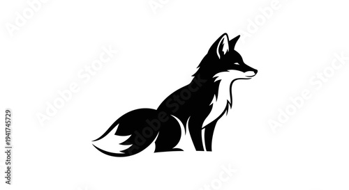 Black fox silhouette sitting profile view, white background, vector art