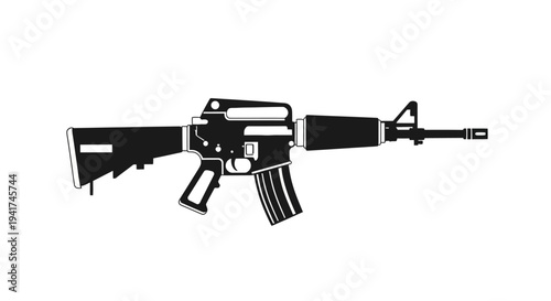Black Silhouette of Assault Rifle on White Background