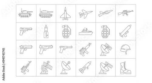 Military Equipment Icons Set: Tanks, Jets, Guns, Ships, Rockets, Helmets, Boots