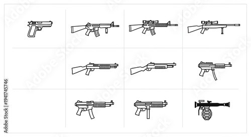 Collection of Outline Weapon Icons: Firearms, Rifles, Shotguns, Submachine Guns