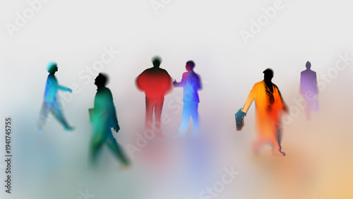 Foto Diverse colorful business silhouettes in motion and interaction in dreamy blur illustration style