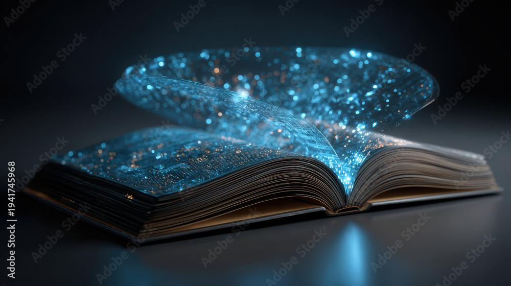 Fototapeta premium Digital literacy concept with open book and glowing blue particles flying out creating magical and inspiring atmosphere