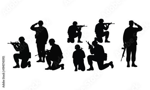 Military Soldier Silhouettes in Various Combat and Salute Poses
