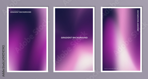 Set of purple gradient vertical backgrounds. Vector violet A4 wallpapers with blurred wavy pattern. Pink digital backdrops with flowing texture for web or print cover banners, posters, presentation