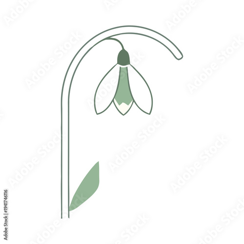 Minimalist vector illustration of a single snowdrop flower on a curved stem with a leaf. Simple spring floral line art isolated on white.