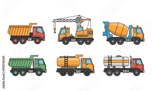 Set of Construction and Industrial Trucks Vector Illustrations