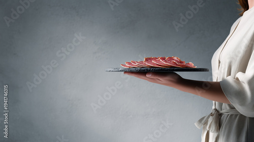A professional, minimalist shot of a woman in a light-colored blouse holding a dark slate plate featuring premium slices of charcuterie against a grey textured background.