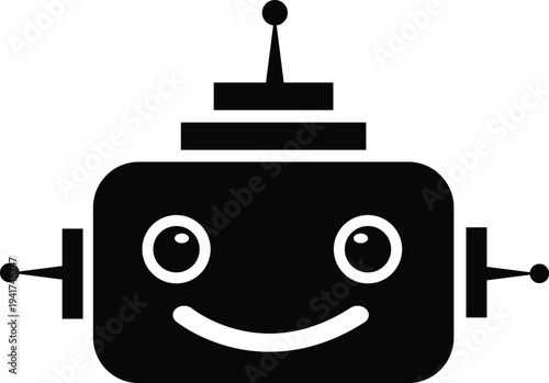 Cute Smiling Robot Icon – Minimal Black Cartoon AI Bot Character Vector Illustration