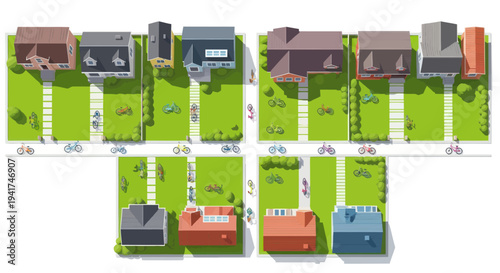 Aerial View of Suburban Neighborhood with Houses, Lawns, and Bicycles