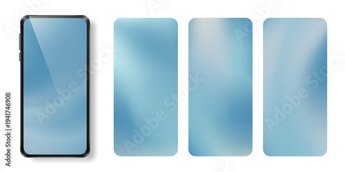 Smartphone mockup with abstract light blue gradient wallpapers. Smooth fluid pastel cyan background set for mobile app UI design, screen presentation, clean interface or soft grey cover templates.