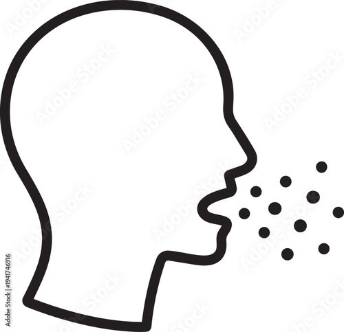 Profile of man coughing forcefully representing airborne virus transmission and respiratory sickness symptom linear vector icon