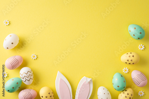 Happy Easter flat lay featuring pastel painted eggs, bunny ears and small daisies arranged on a bright yellow background for spring holiday inspiration