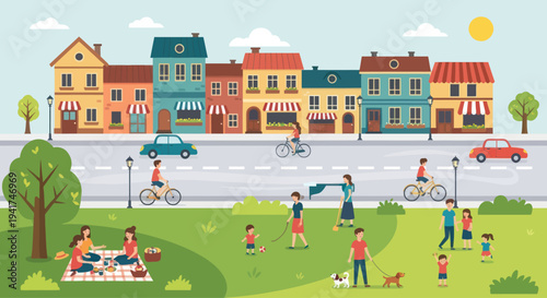 Vibrant cartoon town scene with people enjoying outdoor activities in a park