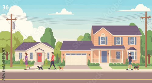 Suburban street scene with houses, people walking dogs, and trees under a blue sky